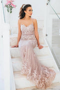 Elegante Abito da Sera a Sirena con Spalline Sottili Lunghe in Pizzo