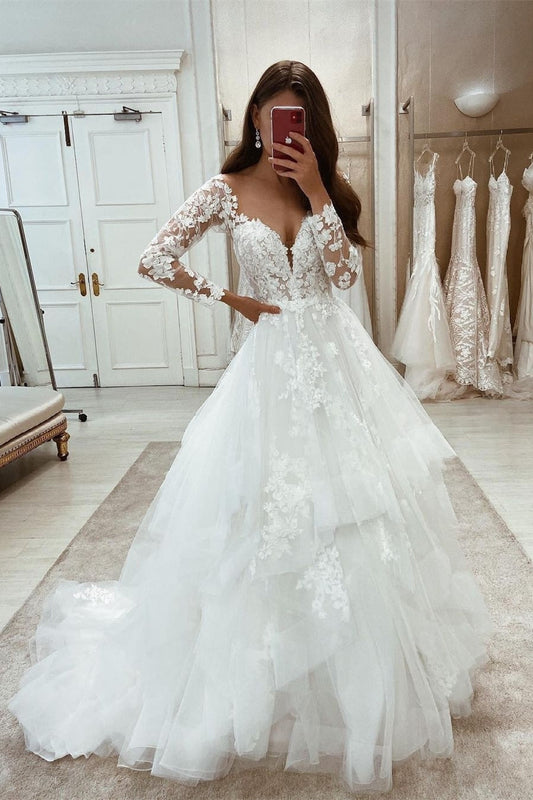 Elegante longo branco A-line apliques mangas compridas vestido de noiva com renda