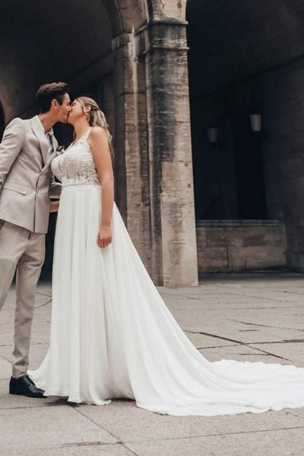 Vestido de Noiva Elegante Branco Longo em Linha A com Renda, Chiffon, Sem Mangas e Costas Descobertas