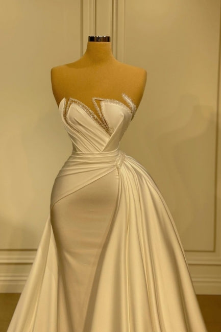 Elegante lange weiße Glitzer ärmellose Meerjungfrau Brautkleider mit Spitze