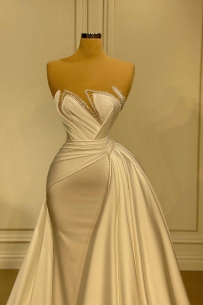 Elegante lange weiße Glitzer ärmellose Meerjungfrau Brautkleider mit Spitze
