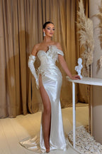 Elegante lungo abito da sera bianco sirena senza maniche con paillettes e spacco