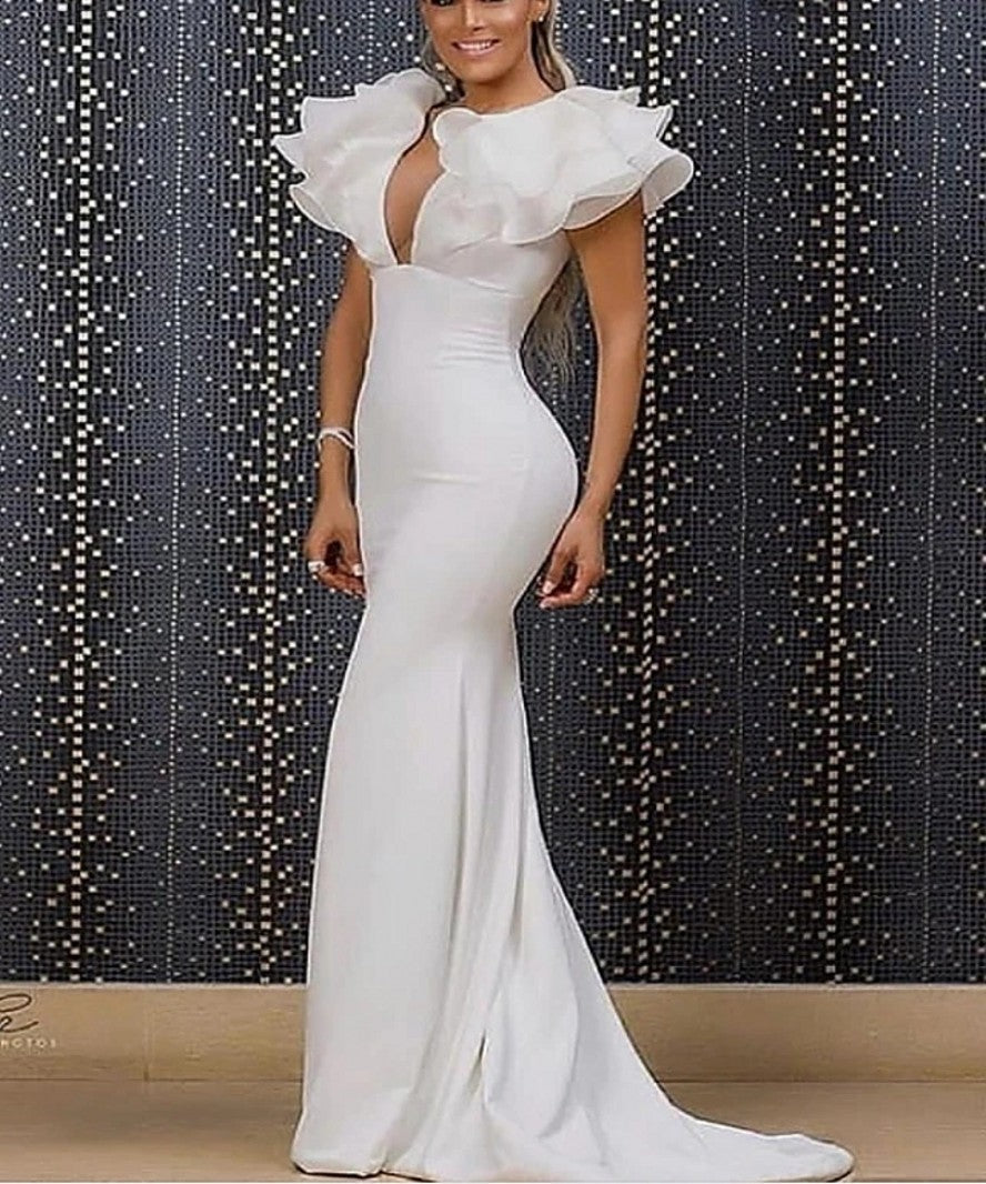 Elegante abito lungo bianco a sirena con scollo a V e senza maniche per ballo di fine anno con balze