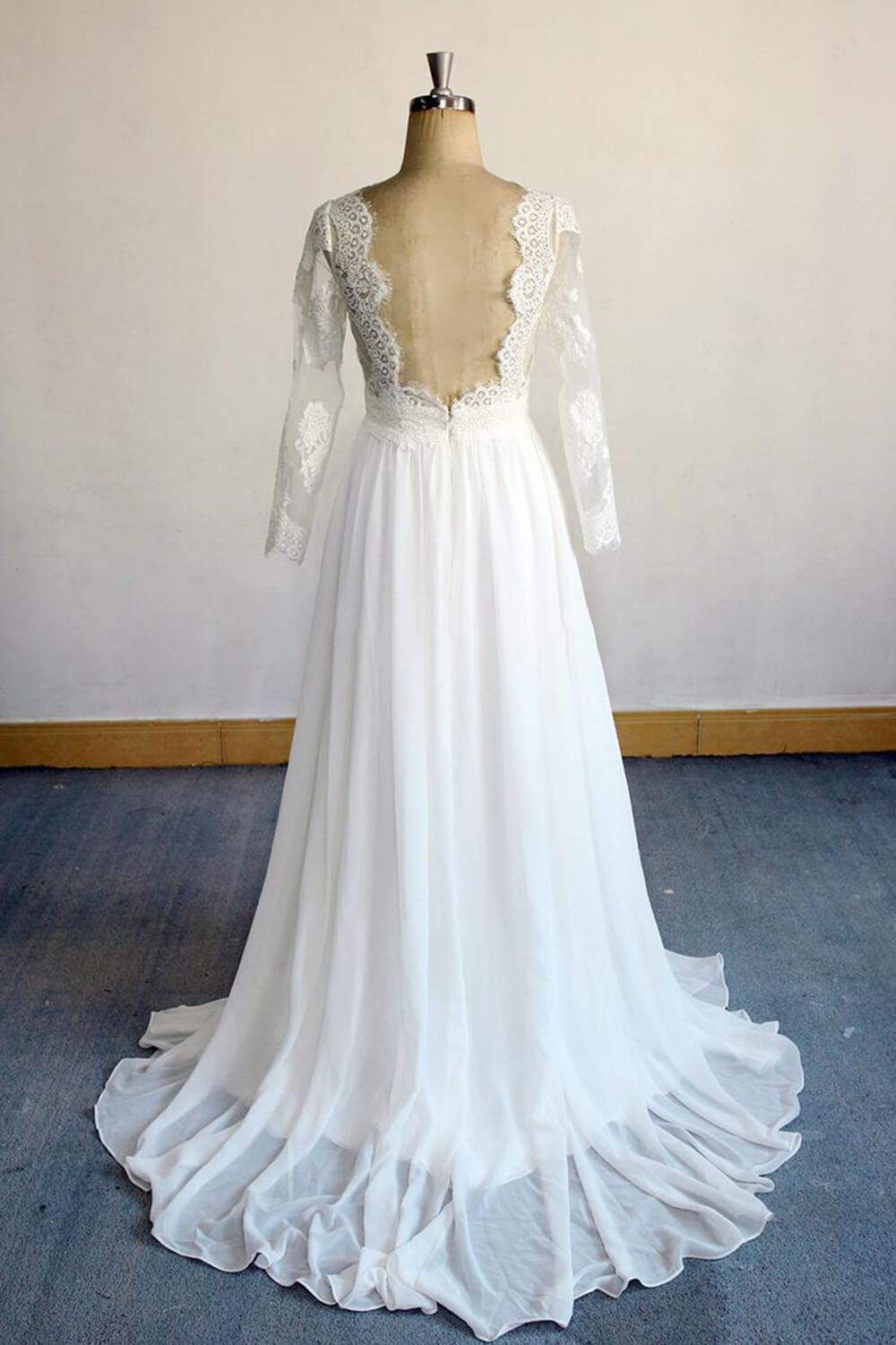 Elegant Long Sleeve Lace Applique Chiffon A Line Wedding Dress On Sale