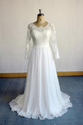 Elegant Long Sleeve Lace Applique Chiffon A Line Wedding Dress On Sale