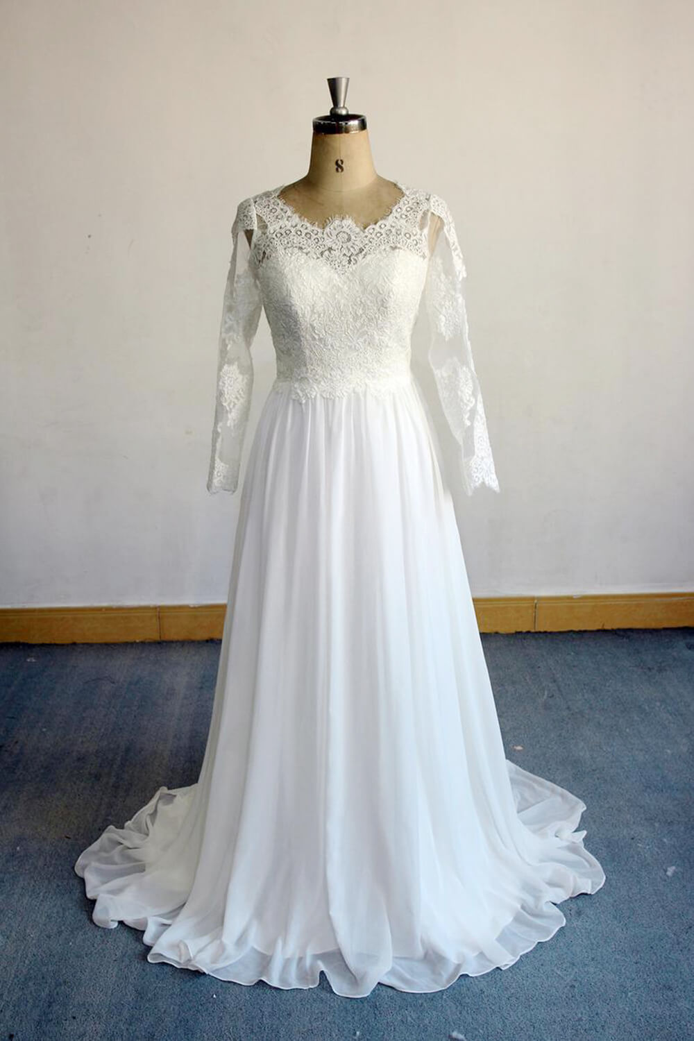 Elegant Long Sleeve Lace Applique Chiffon A Line Wedding Dress On Sale