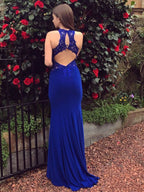 Robes de bal longues élégantes sirène en dentelle dos nu Bleu royal Robes de soirée formelles