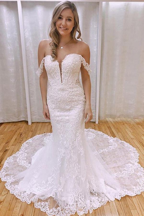 Elegante vestido de novia de sirena con hombros descubiertos, encaje y apliques