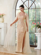 Abito da sera elegante color oro champagne in poliestere lavorato a maglia, scollatura a barca, senza maniche, con perline, cerniera e spacco