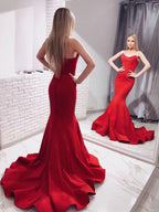 Robes de bal longues en satin rouge élégantes, bustier sans bretelles, style sirène, robes de soirée formelles