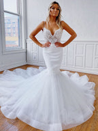 Elegant Mermaid V Neck Backless Lace White Long Wedding Dresses