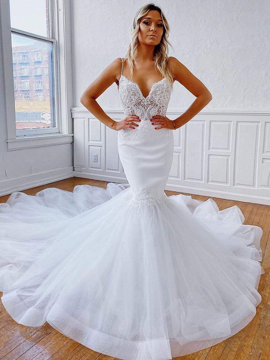 Elegante vestido de novia largo blanco de encaje con escote en V y espalda descubierta de sirena