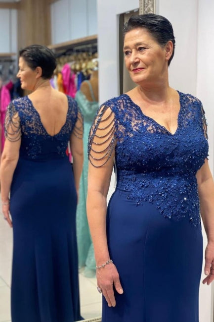 Elegantes vestidos de madre de la novia, vestidos de dama de honor azul real con encaje