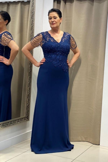 Elegantes vestidos de madre de la novia, vestidos de dama de honor azul real con encaje