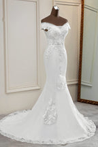 Elegant Off The Shoulder White Mermaid Wedding Dress With Beading And Lace