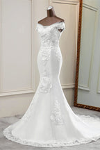 Elegant Off The Shoulder White Mermaid Wedding Dress With Beading And Lace
