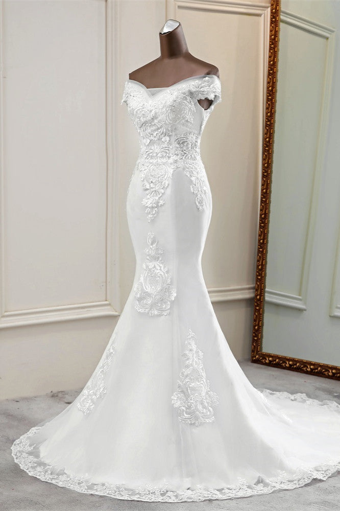 Elegant Off The Shoulder White Mermaid Wedding Dress With Beading And Lace