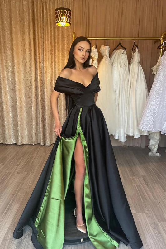 Elegante vestido de fiesta de corte A sin mangas con escote en V y hombros descubiertos con abertura