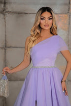 Elegante abito da sera monospalla senza maniche a linea ad A in chiffon 100D con nastri