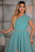 Elegante abito da sera monospalla senza maniche a linea ad A in chiffon 100D con nastri