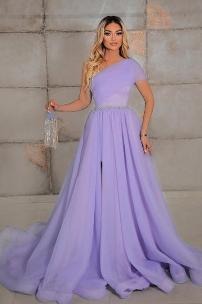 Elegante vestido de noche de gasa 100D sin mangas con un hombro al descubierto y cintas