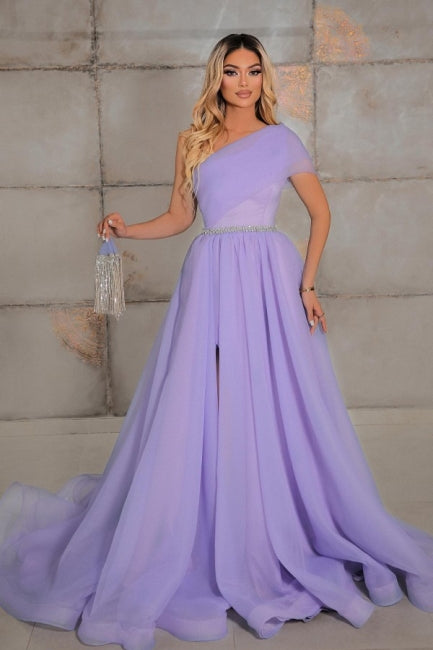 Elegante vestido de noche de gasa 100D sin mangas con un hombro al descubierto y cintas
