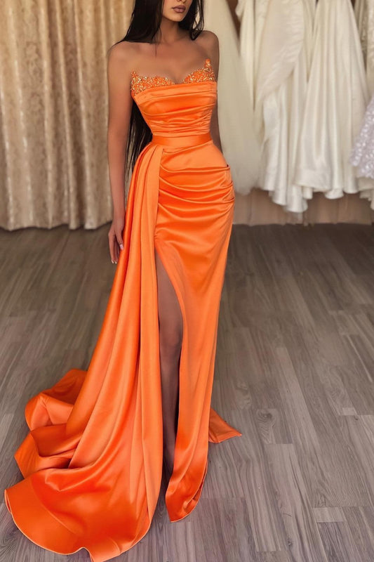 Elegant Orange Sleeveless Split Mermaid Prom Dresses with Ruffles