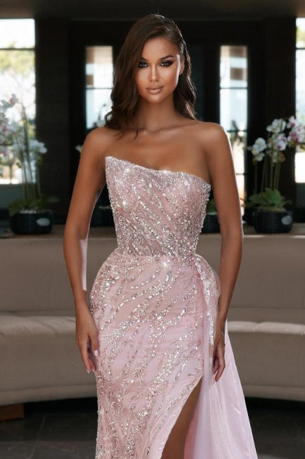 Abito da sera lungo a sirena rosa elegante senza maniche con paillettes e spacco