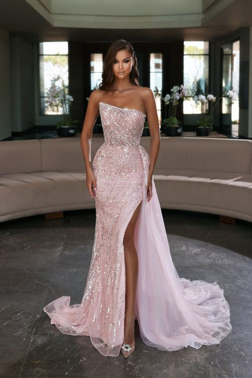 Abito da sera lungo a sirena rosa elegante senza maniche con paillettes e spacco