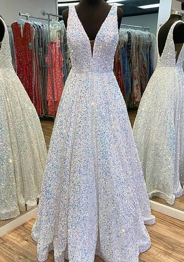 Robe de bal longue en velours à paillettes, sans manches, col en V, coupe trapèze avec poches