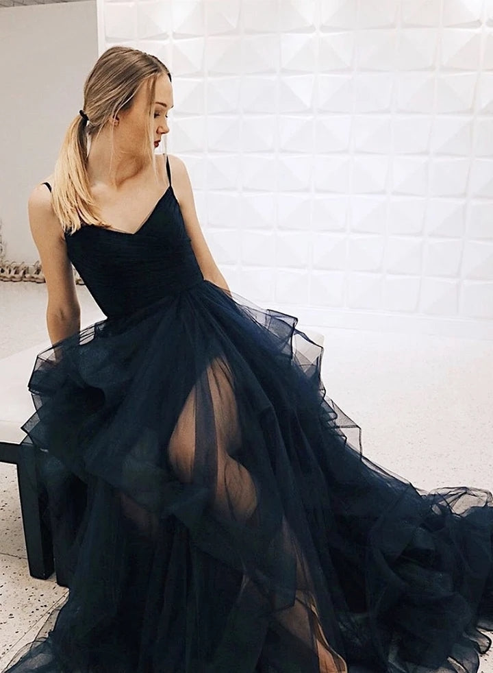 Elegant Princess V Neck Tulle Long Prom Formal Evening Dresses