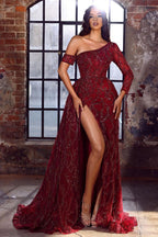Elegante abito da sera rosso a linea ad A con una spalla, manica lunga, paillettes e spacco