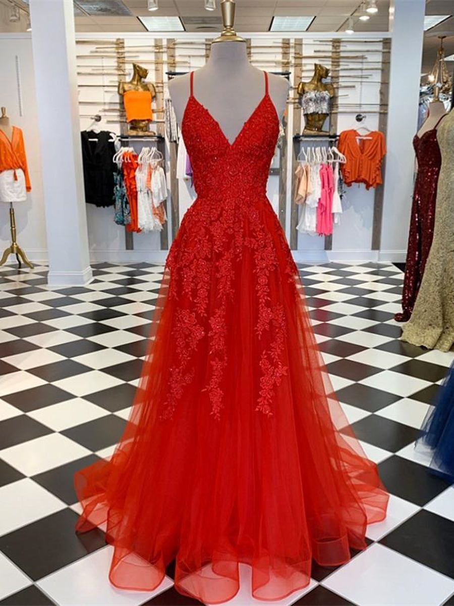 Elegantes langes rotes A-Linien-Kleid mit V-Ausschnitt und Tüllspitze