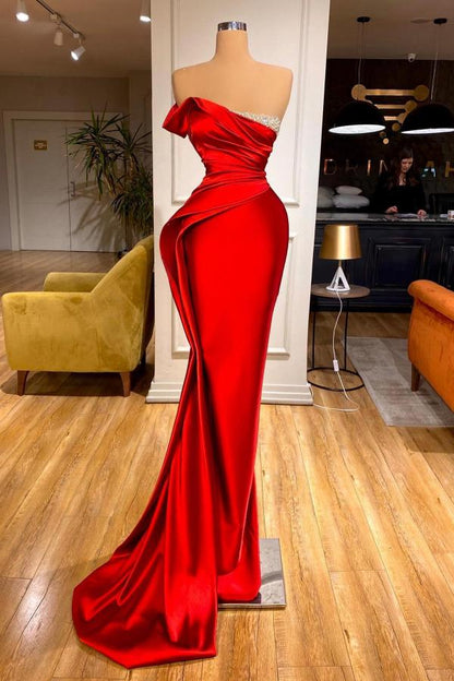 Elegante rote lange Meerjungfrau trägerlose Satin formale Ballkleider