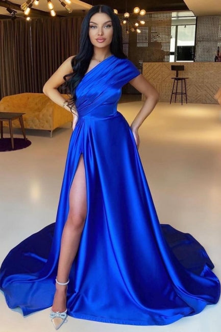Elegante vestido de fiesta azul real de corte A, sencillo, de un solo hombro, largo y con abertura
