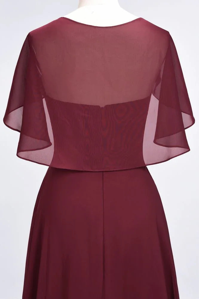 فستان وصيفة عروس أنيق من الساتان برقبة على شكل حرف V وأكمام قصيرة، فستان ضيف زفاف بأطراف كشكش من الشيفون