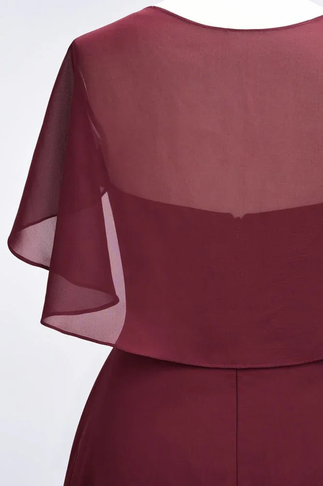 فستان وصيفة عروس أنيق من الساتان برقبة على شكل حرف V وأكمام قصيرة، فستان ضيف زفاف بأطراف كشكش من الشيفون