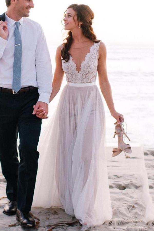 Elegant Scoop Neck Lace A Line Tulles Beach Wedding Dress