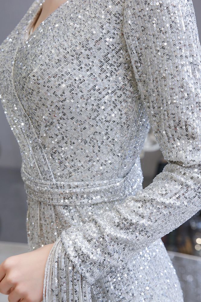 Elegantes Burgunderrotes Cocktailkleid mit V-Ausschnitt und Pailletten im Meerjungfrau-Stil, bodenlang