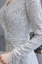 Elegantes Burgunderrotes Cocktailkleid mit V-Ausschnitt und Pailletten im Meerjungfrau-Stil, bodenlang