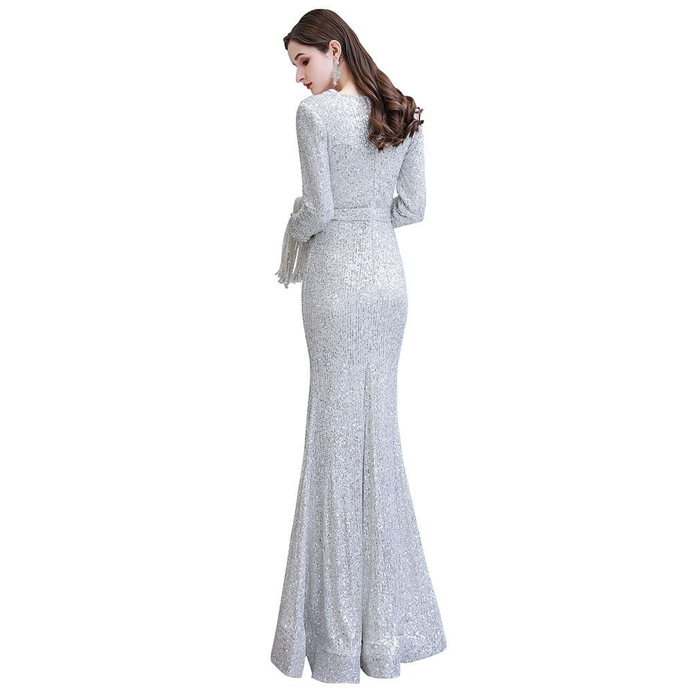 Elegantes Burgunderrotes Cocktailkleid mit V-Ausschnitt und Pailletten im Meerjungfrau-Stil, bodenlang