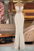 Abito da cerimonia elegante senza maniche con scollo a V, paillettes e pizzo