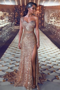 Abito lungo elegante da sera con paillettes e spalla scoperta per ballo di fine anno formale
