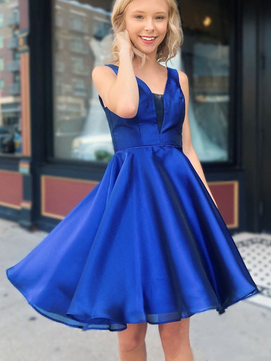 Elegante kurze A-Linie V-Ausschnitt Satin Ballkleider Königsblau Homecoming Kleider