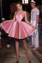 Elegante abito corto rosa con scollo a V, senza maniche, stile halter, per ballo di fine anno con brillantini