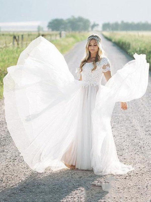 Lace Tulle A Line Wedding Dress With Short Sleeves Boho Vintage