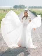 Lace Tulle A Line Wedding Dress With Short Sleeves Boho Vintage