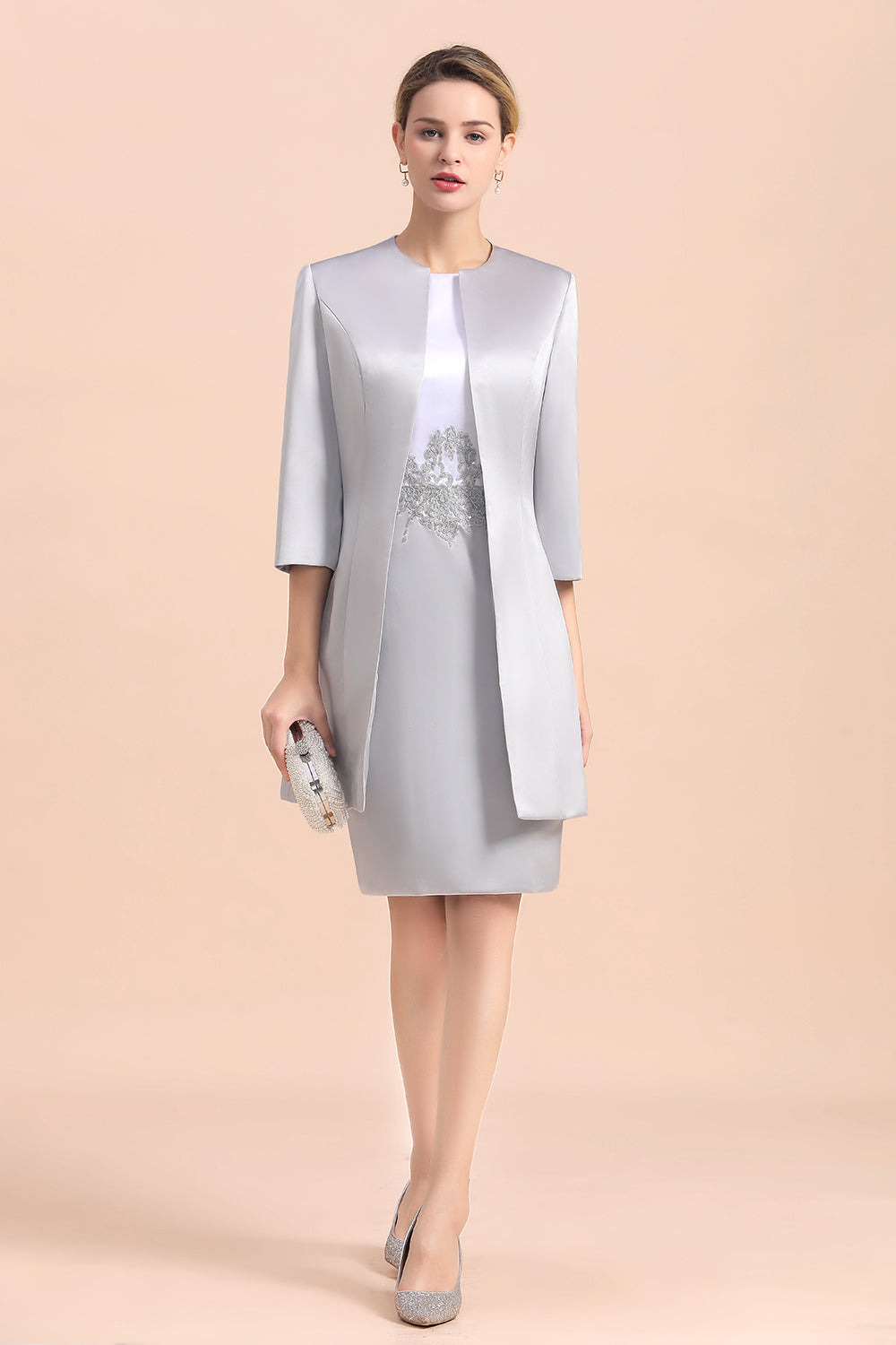 Robe de mère de la mariée courte et élégante argentée, longueur genou, robes de soirée de mariage