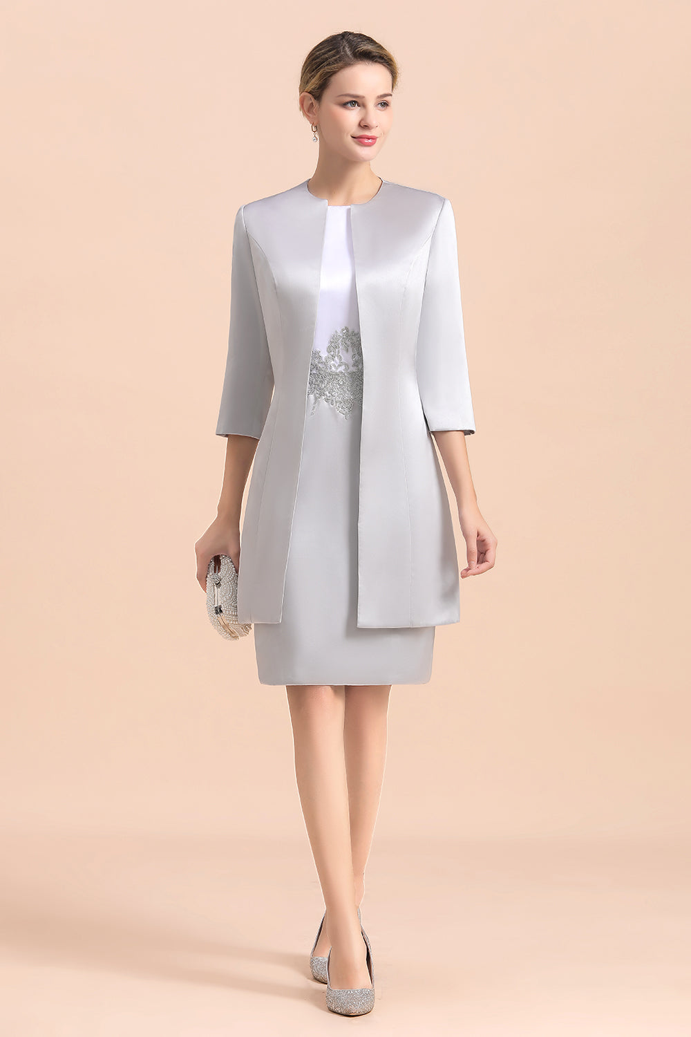Robe de mère de la mariée courte et élégante argentée, longueur genou, robes de soirée de mariage