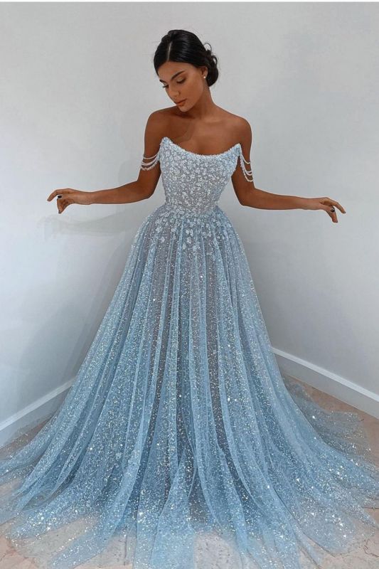 Elegante abito lungo da sera blu senza maniche in pizzo